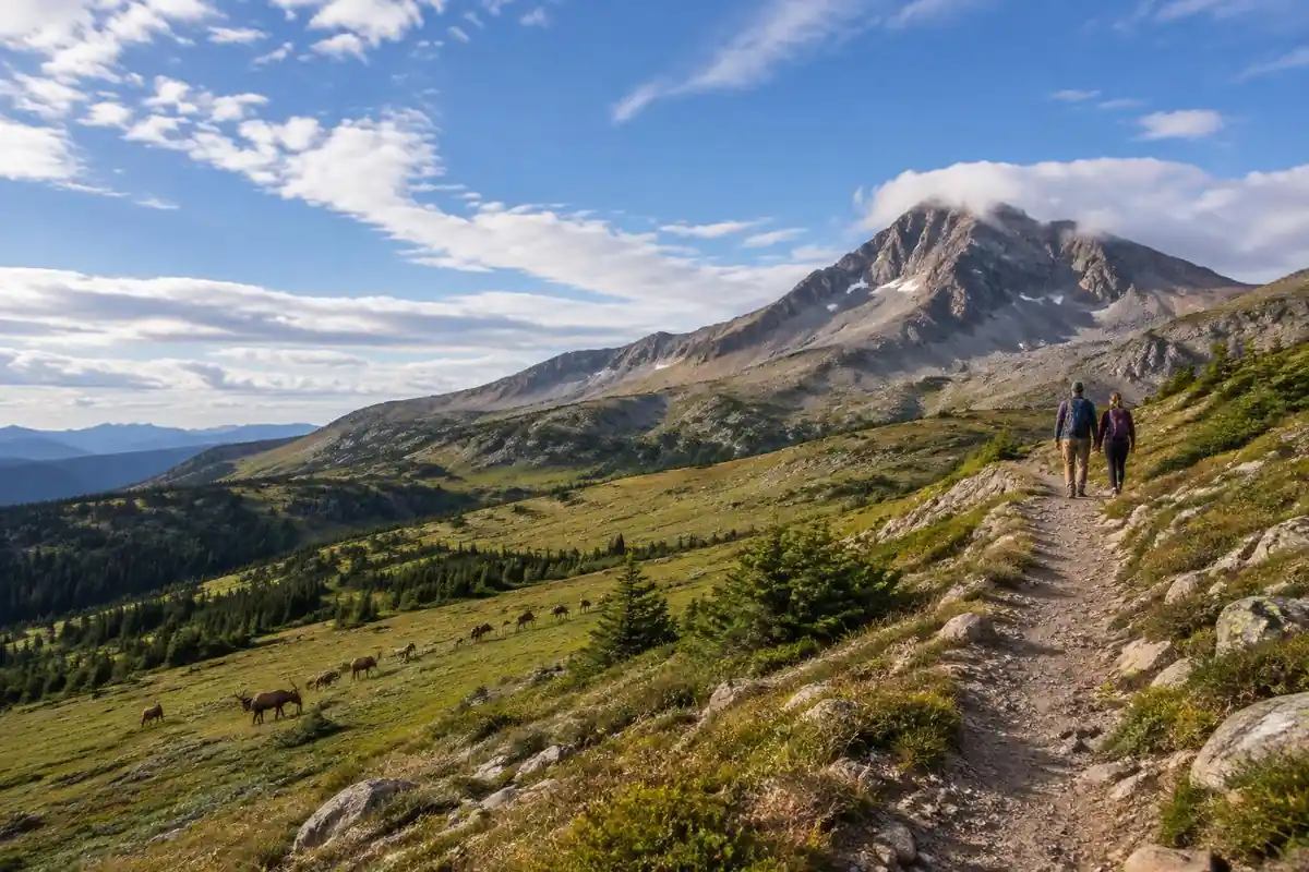 Alpine tundra trail with elk grazing far below and a rocky peak