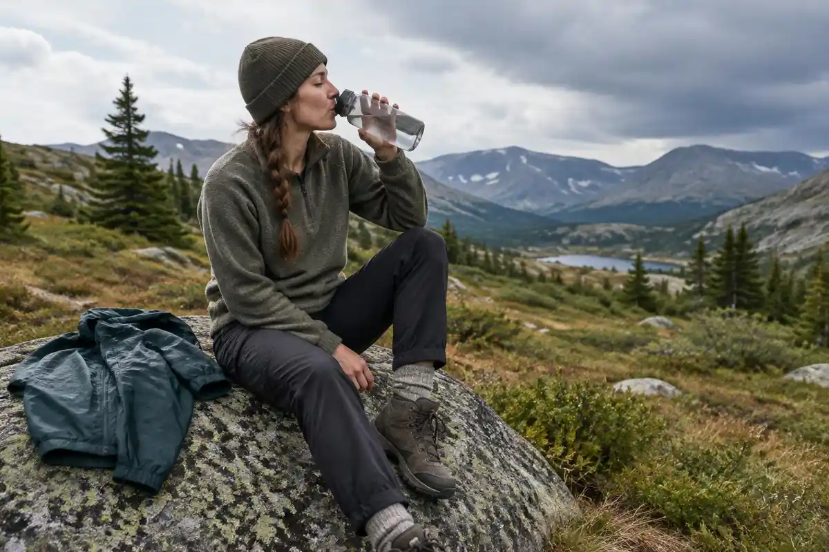 Hiker sipping water on a boulder while clouds gather over alpine tundra