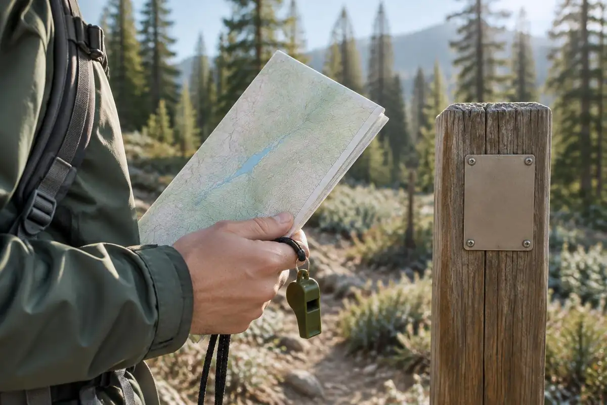 Hand holding a paper park map and a whistle beside a signpost with blank plate