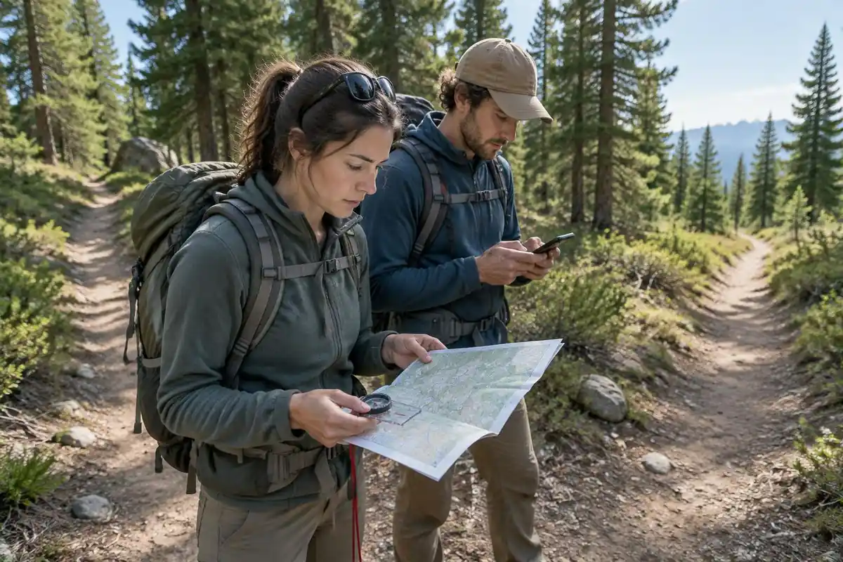 A hiker compares a paper map and a compass at a trail junction