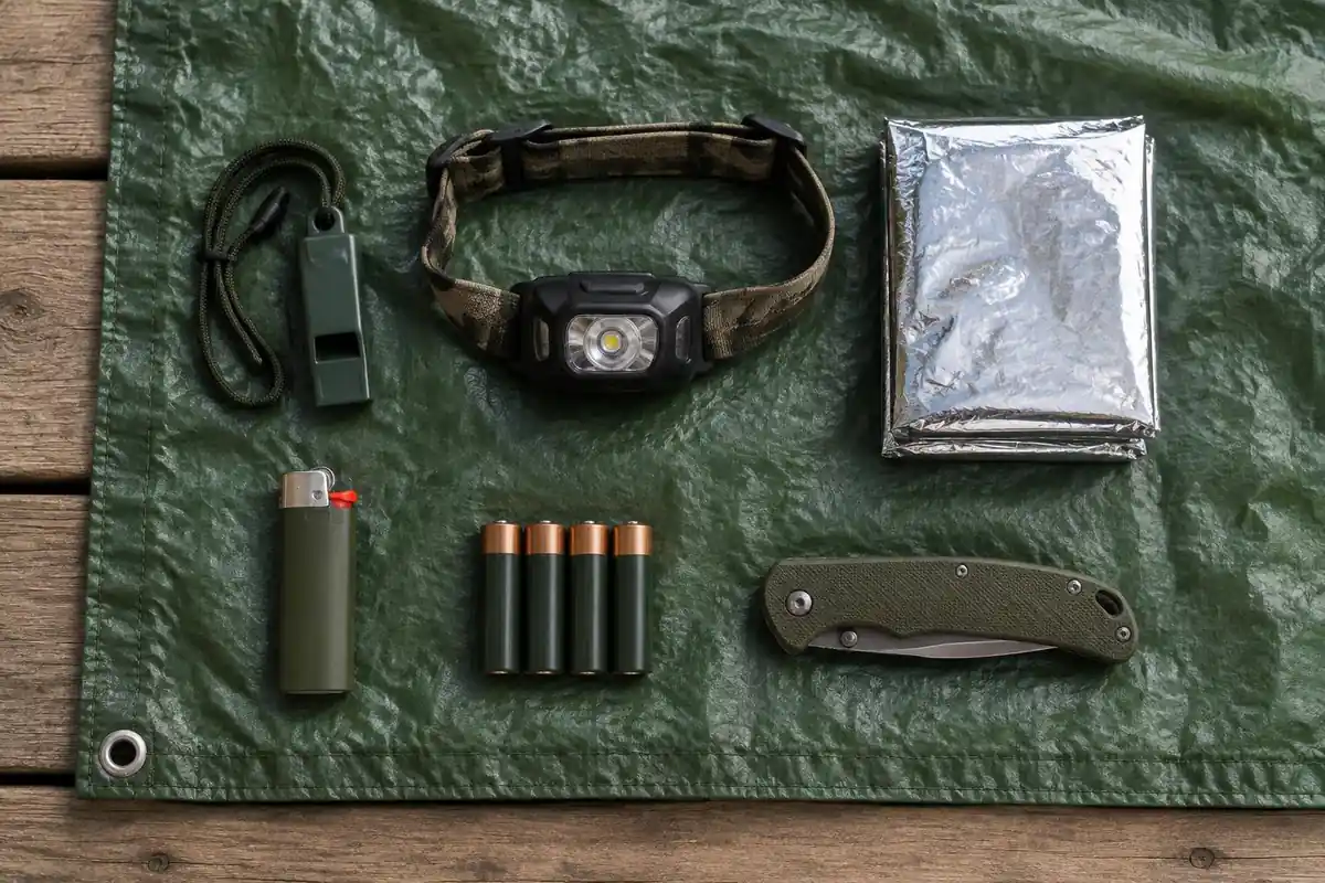 Neatly laid out essentials on a tarp: whistle, headlamp, space blanket, lighter