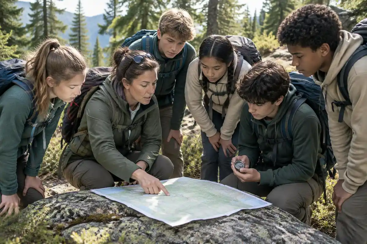Leader pointing at a map while teenagers gather around at a trail junction