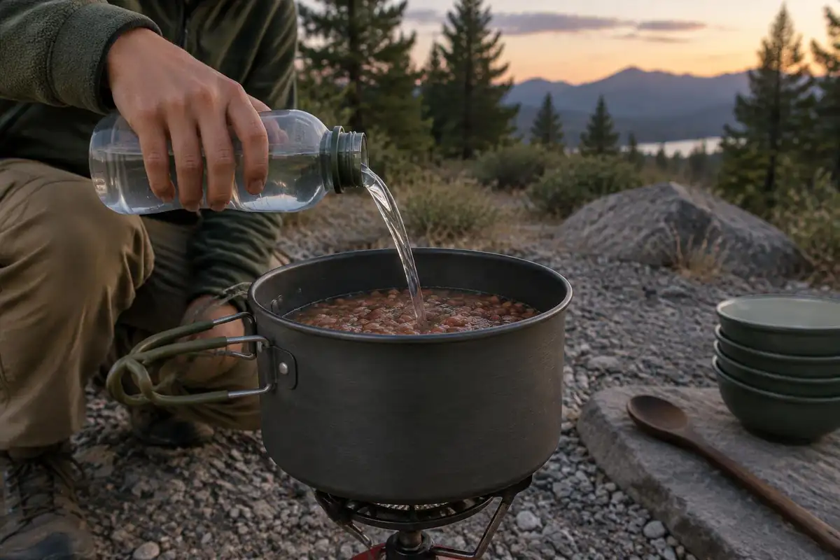 Leader stirring beans on a stove while a scout pours measured water