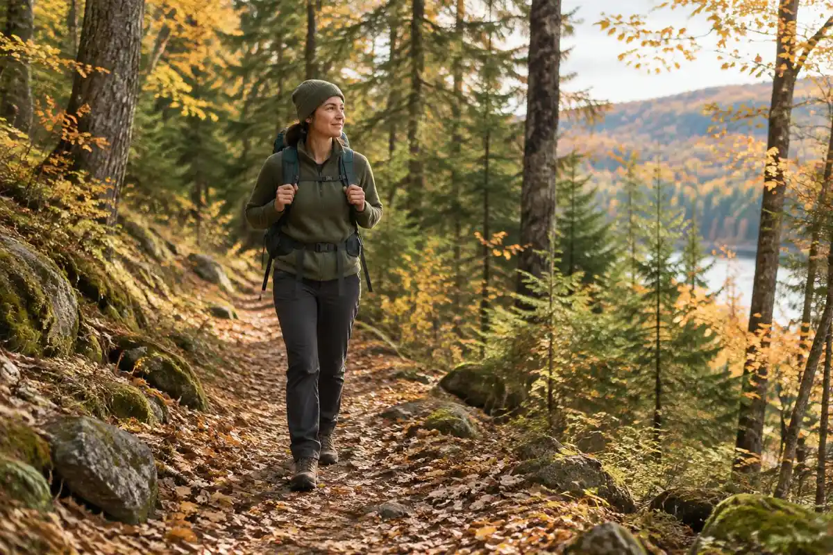 Hiker walking a weekend section of trail through autumn woods
