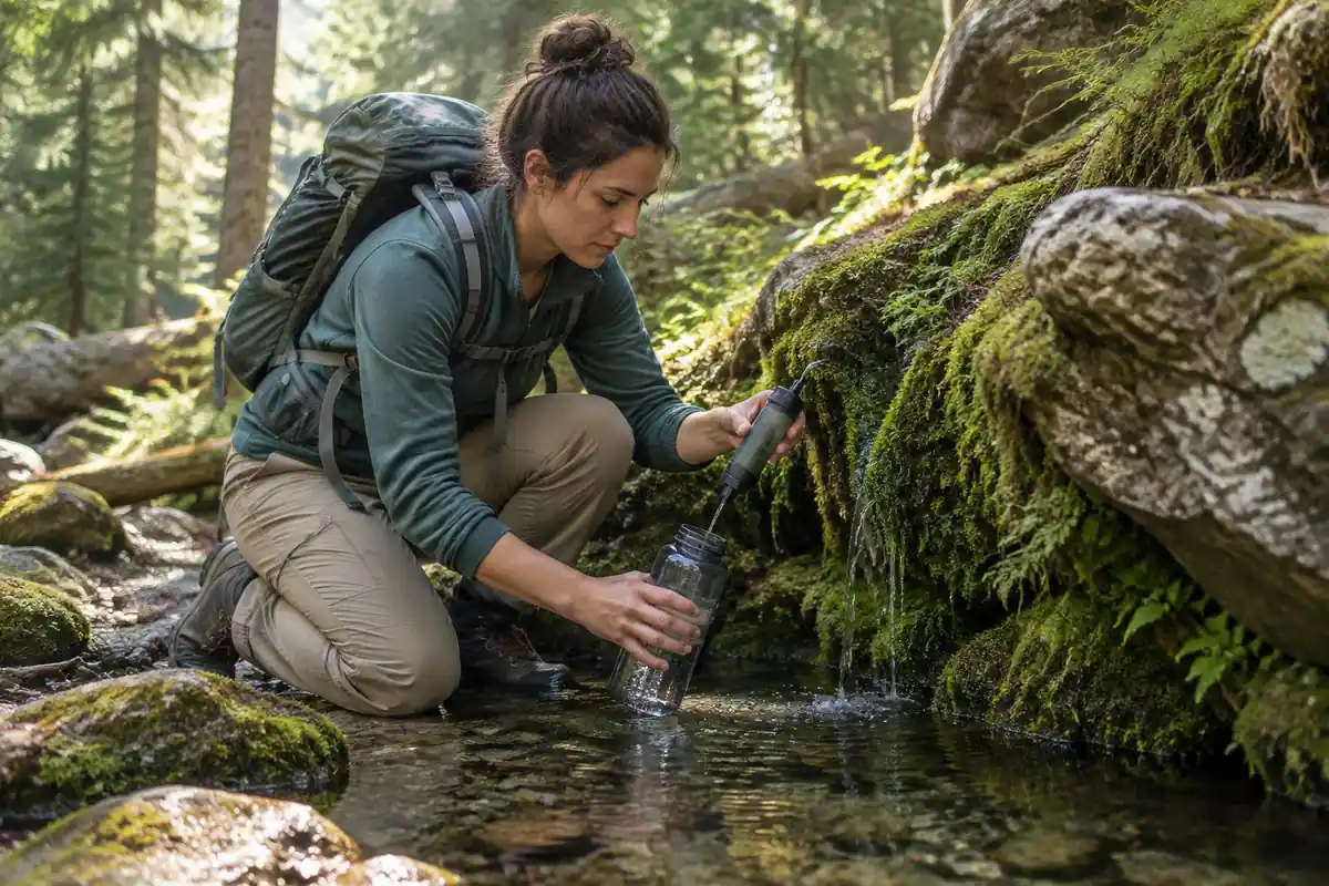 Hiker filtering water at a spring pool beside the trail