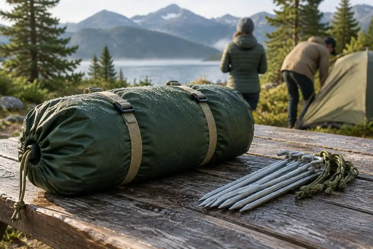 Tent stuff sack and stakes laid on a wooden bench outside a trailhead lot