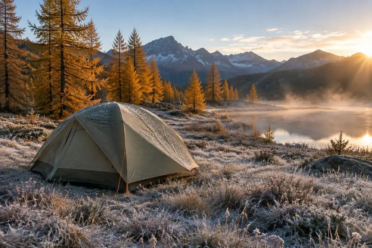 Freestanding tent on frosty meadow grass at first light beside golden larch trees