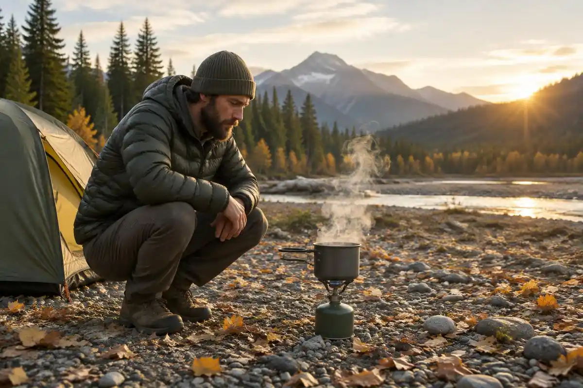 Backpacker warming hands over a canister stove outdoors in the late afternoon chill