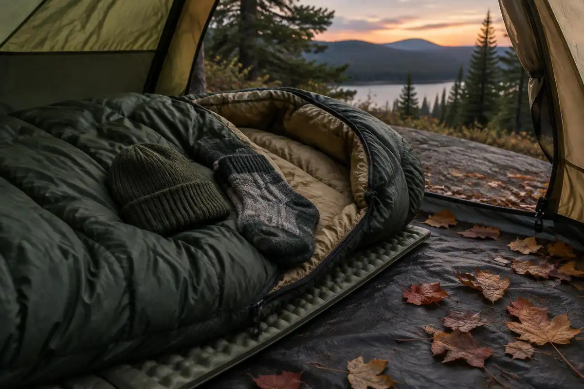 Sleeping bag and foam pad being unrolled inside an open tent doorway at dusk