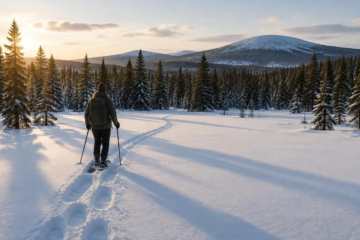 Two snowshoe tracks winding across an untouched snowy meadow toward a spruce forest