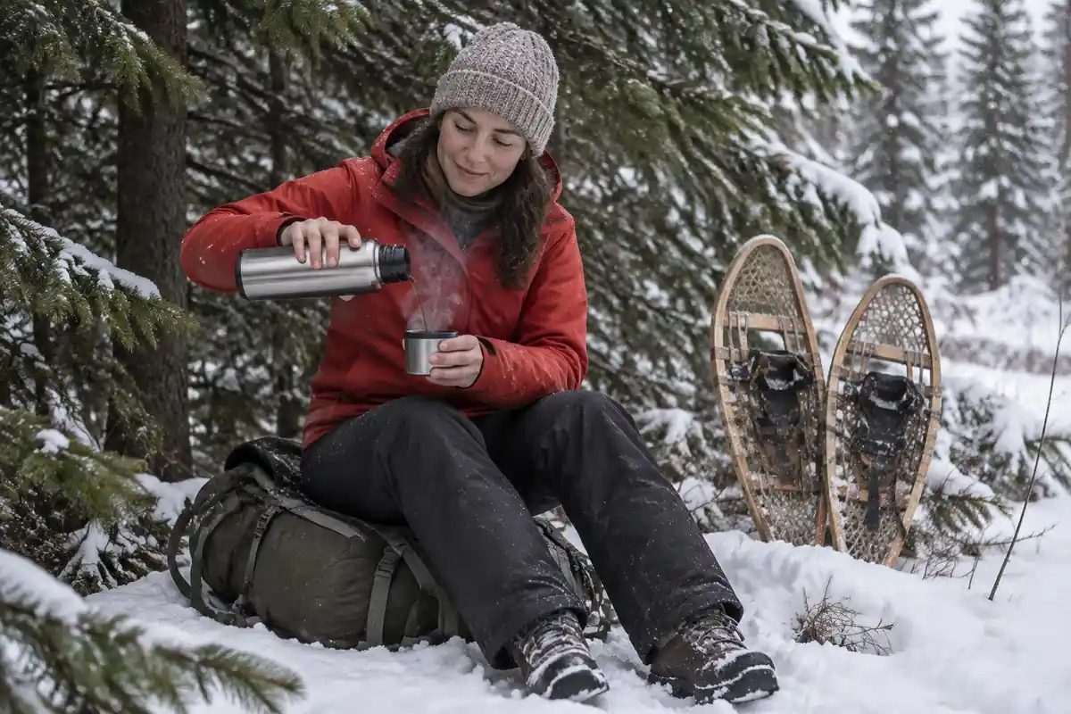 Snowshoer pouring hot drink from a thermos during a break in falling snow