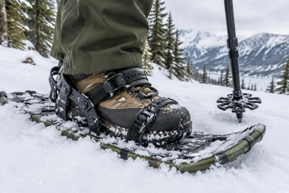 Snowshoe bindings and boots pressed into fresh powder with pole basket nearby