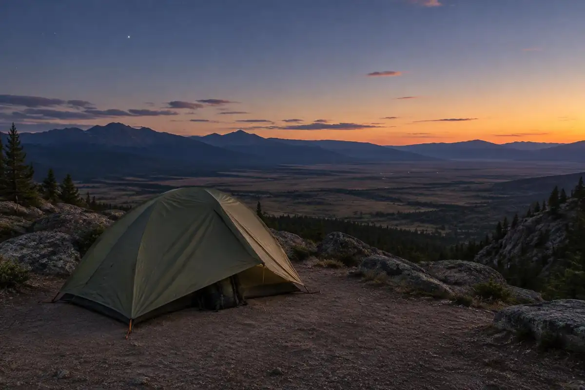 Single tent on a rocky knoll at dusk with a wide valley of lights fading