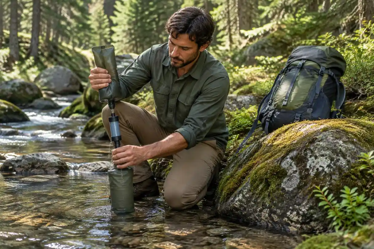 Backpacker filtering creek water alone into a soft bottle at the stream edge
