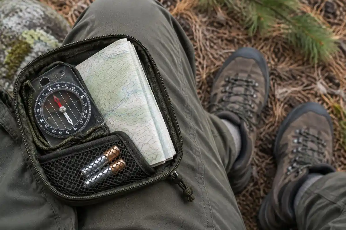 Compass, printed itinerary and spare batteries in a small pouch on a knee