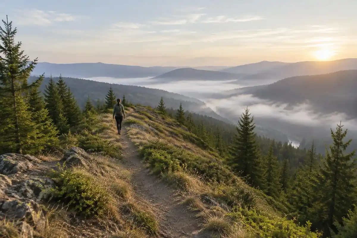 Lone hiker on a quiet sunlit forest ridge trail, far ahead, with a small daypack