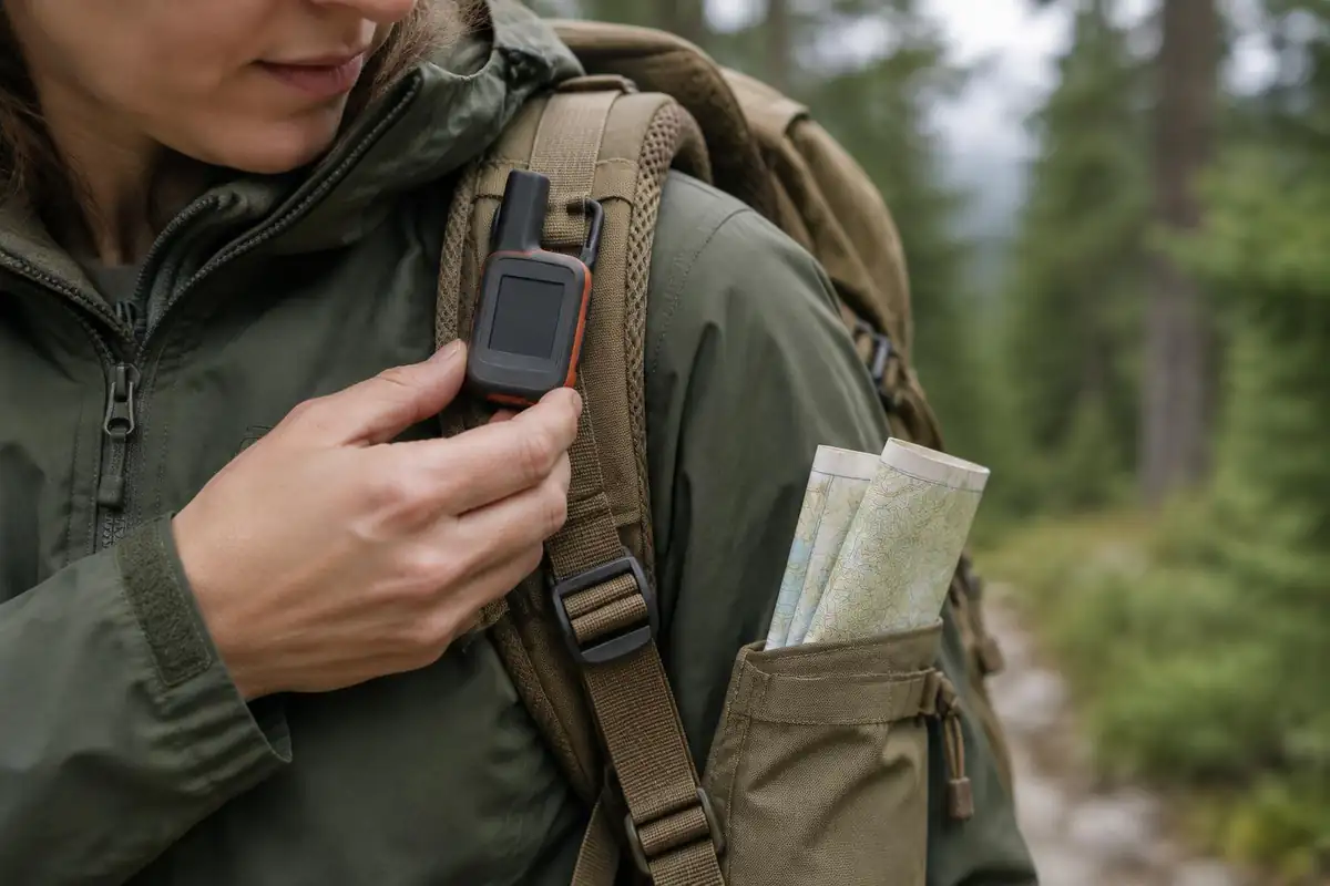 Hand holding a satellite messenger clipped to a shoulder strap, phone and map nearby