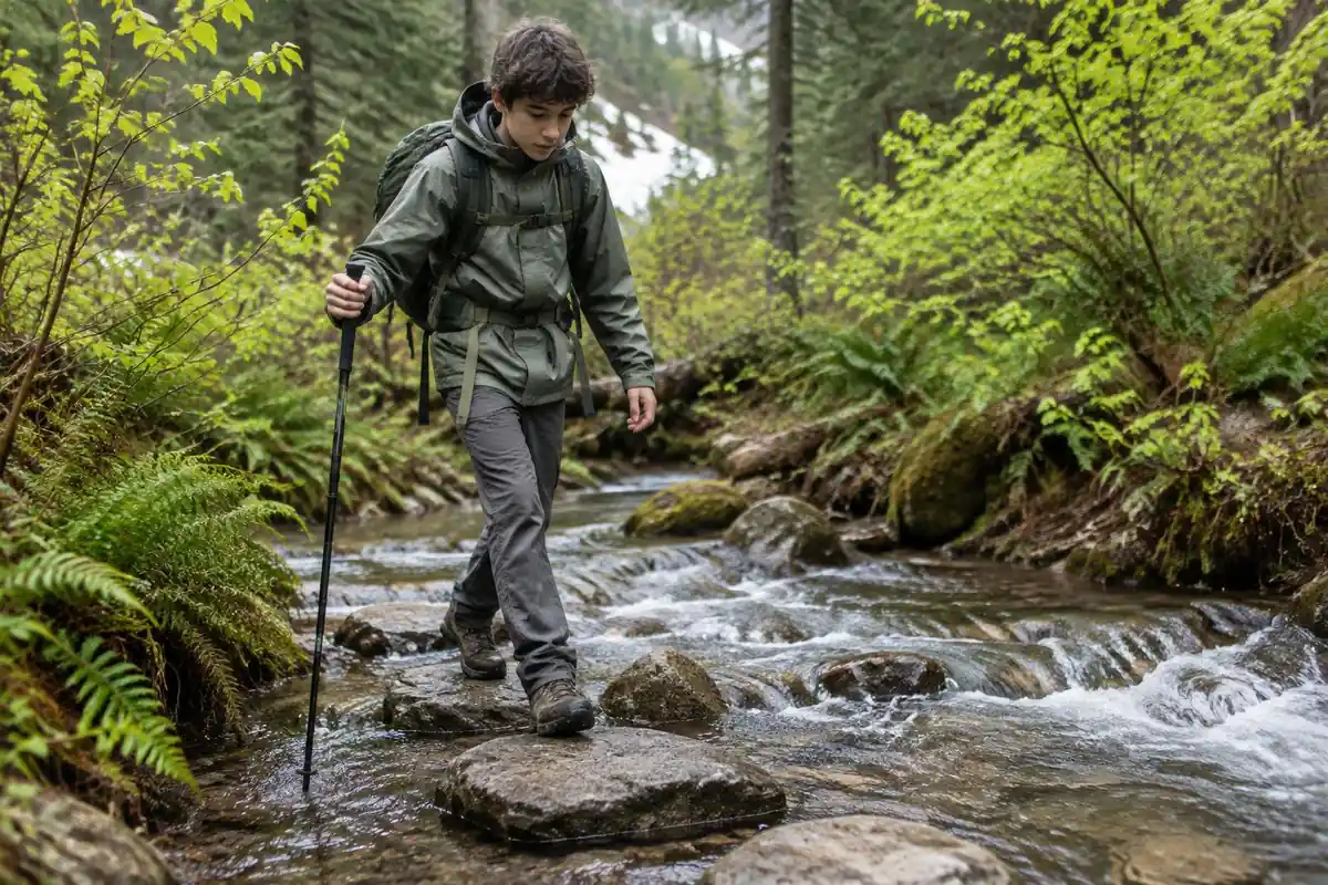 Hiker stepping across a shallow snowmelt creek on stones with poles for balance