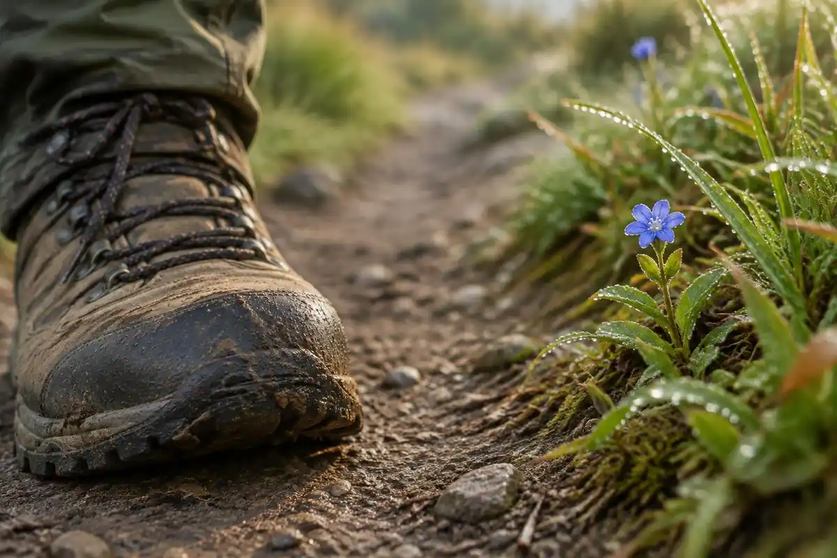 Muddy boot edge beside a small blue flower on a firm trail edge