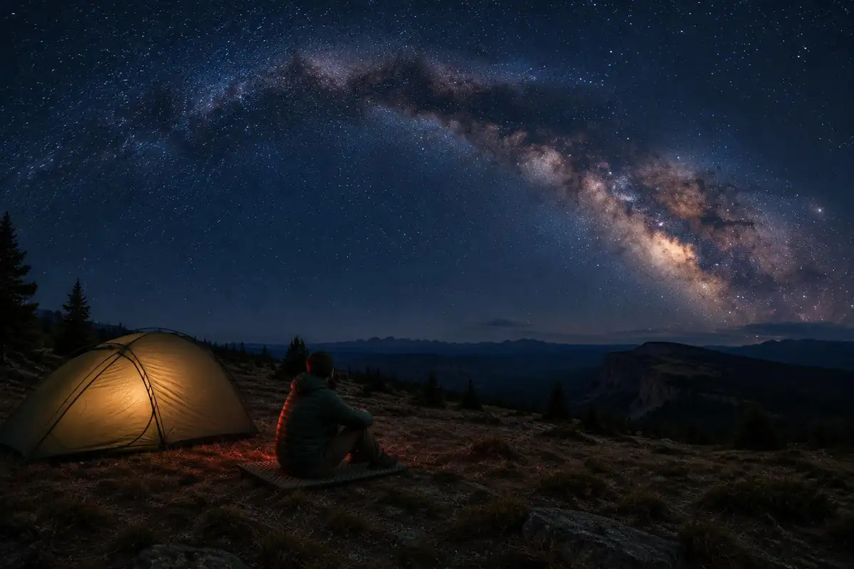 Milky Way arching above a lone tent on a dark plateau with a hiker seated nearby