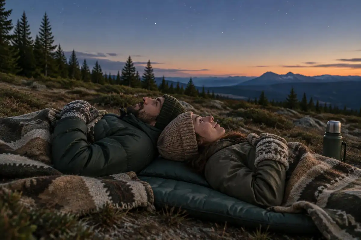 Two people in puffy jackets lying back on an insulated pad, sharing a blanket