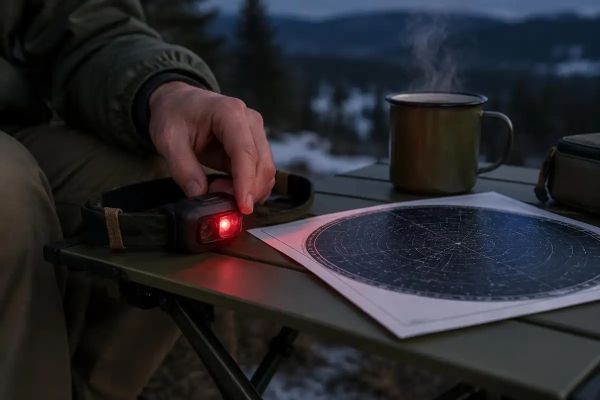 Hands adjusting a red-light headlamp beside a star chart on a folding table
