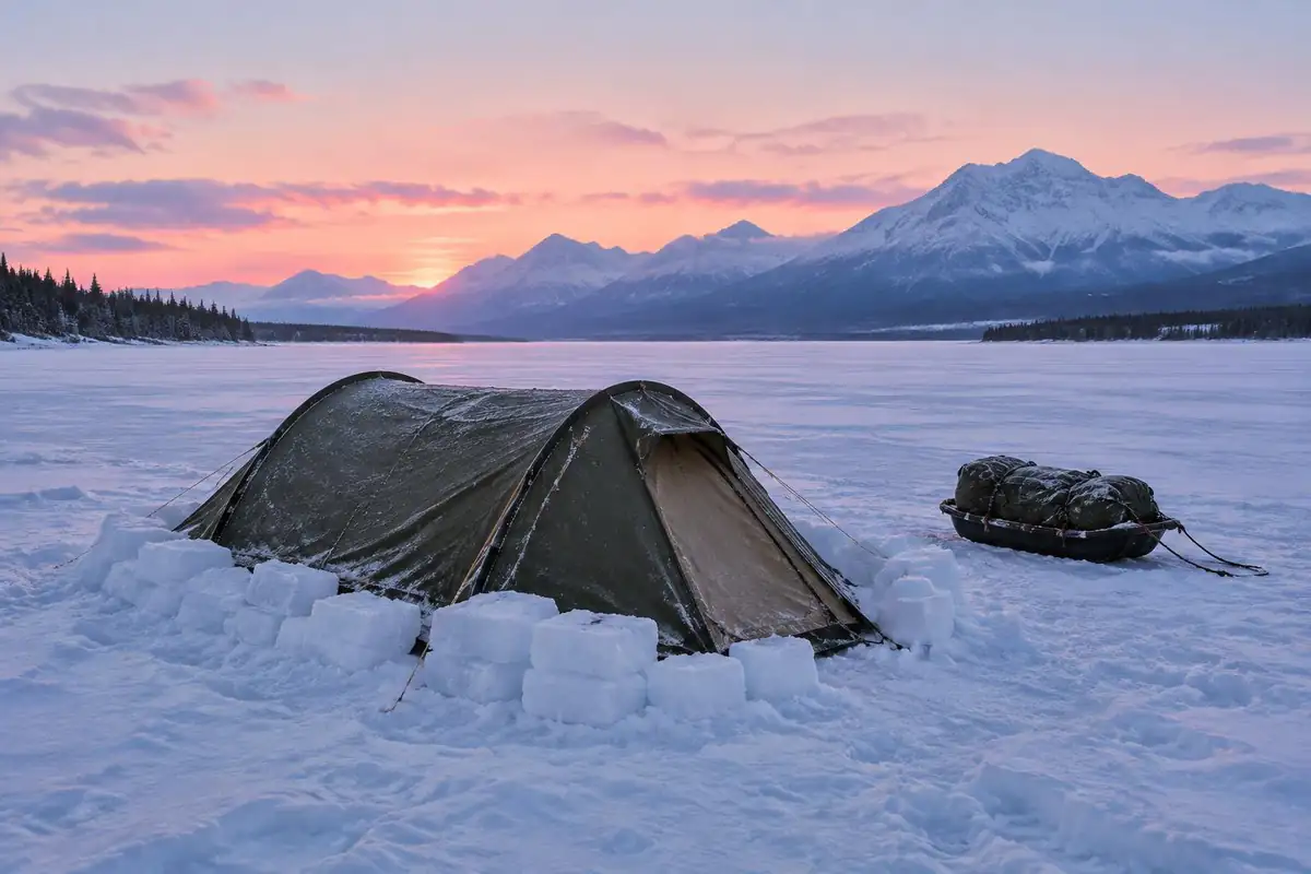 Four-season tent half-buried by windblown snow on a frozen lake at dawn