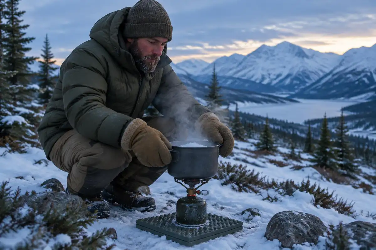 Winter camper melting snow in a pot on a stove outdoors