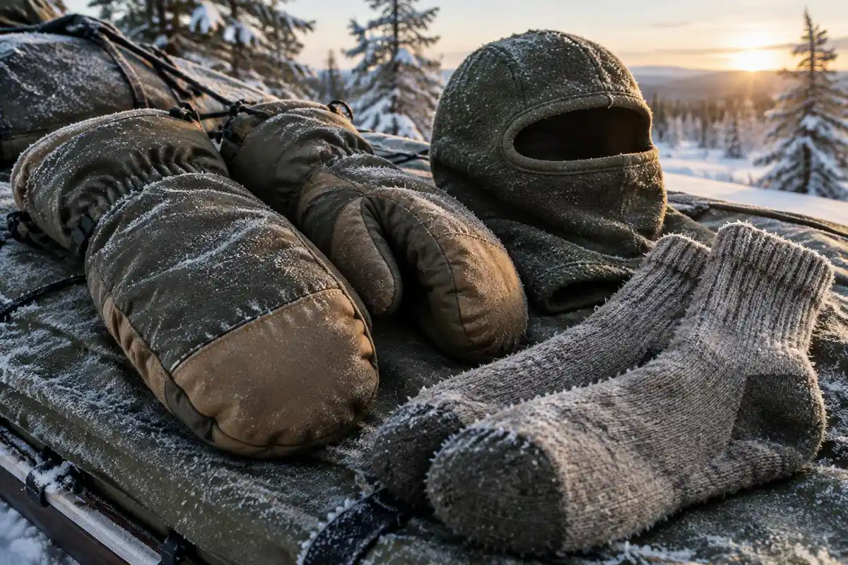 Insulated mitts, balaclava and liner socks on a frosted sled