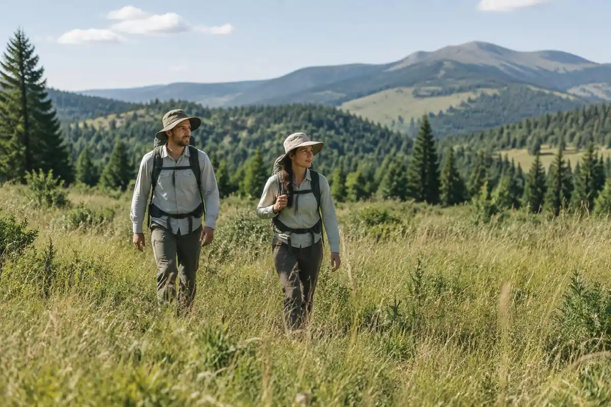Hikers in bright sun with sun hats moving through open grassland
