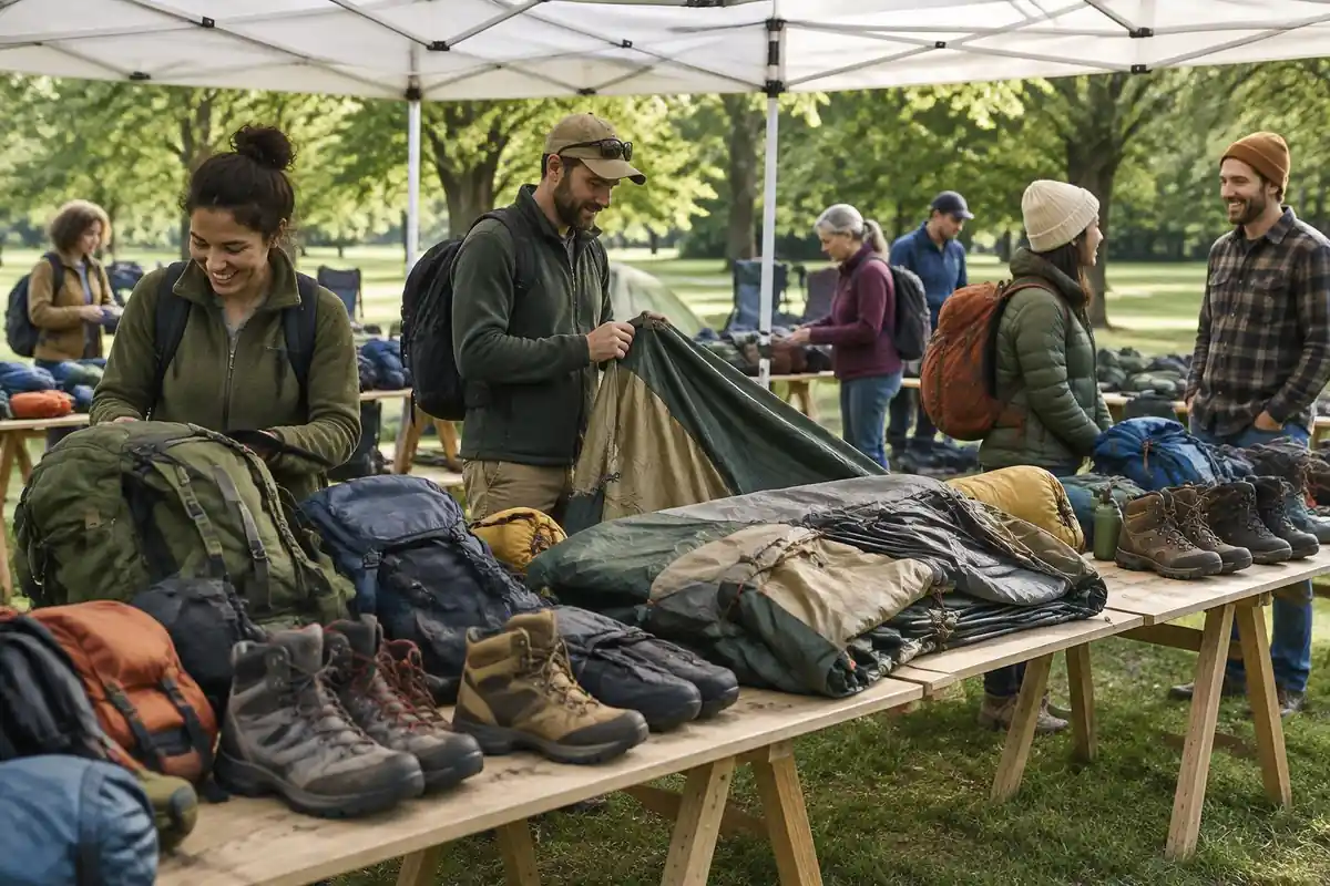 Table of used gear at an outdoor swap meet under a canopy with people browsing