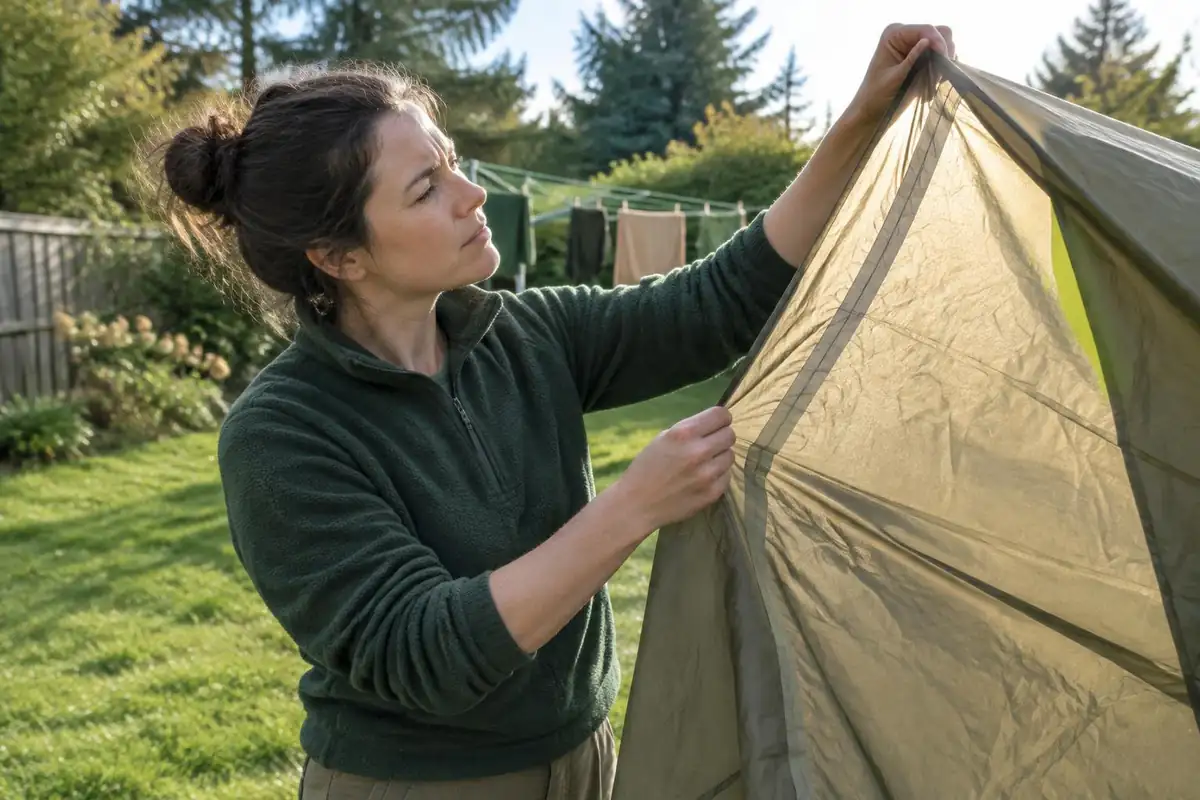 Person inspecting seams on a used tent held up to the light in a garden