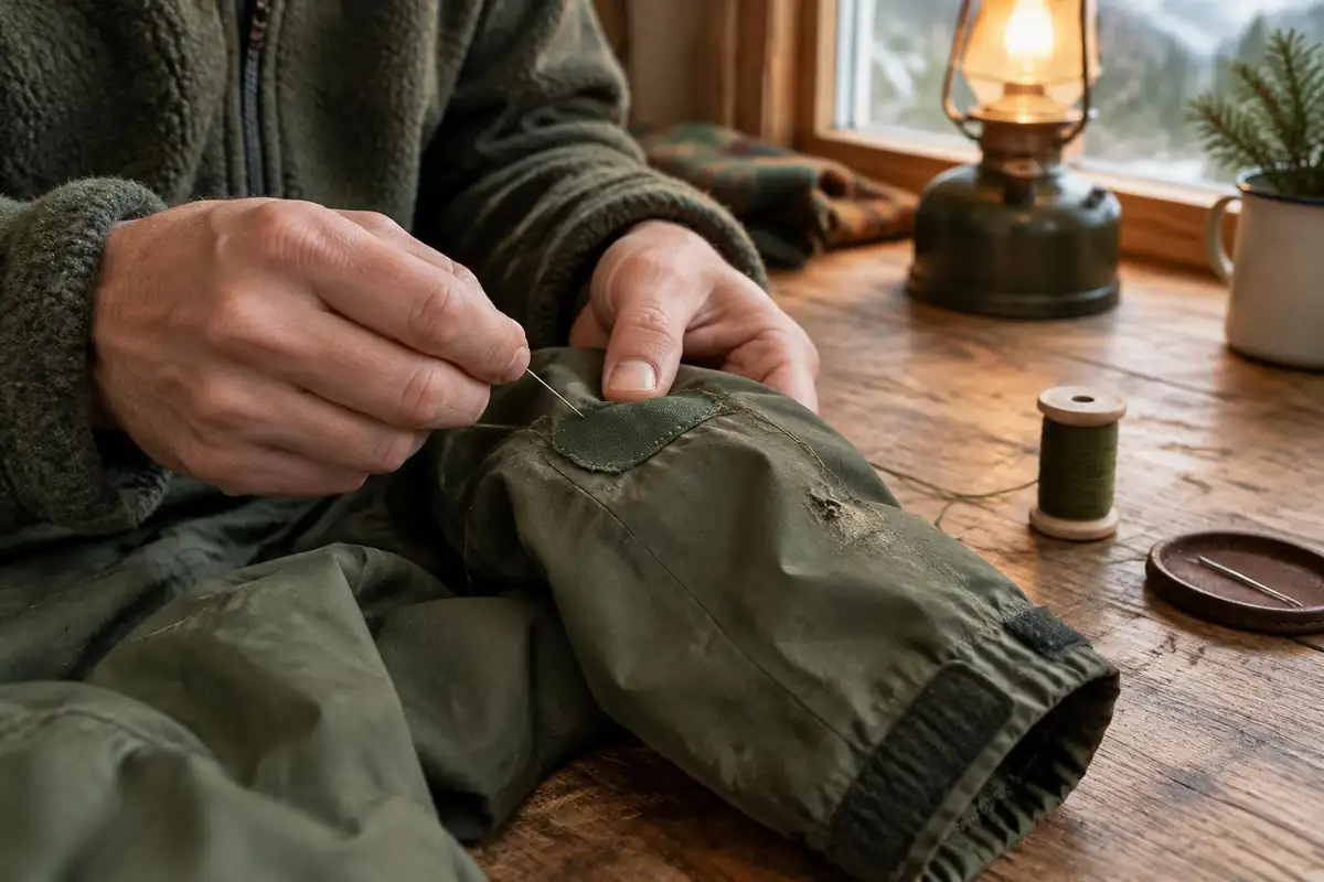 Hands stitching a patch onto a worn jacket with an open sewing kit
