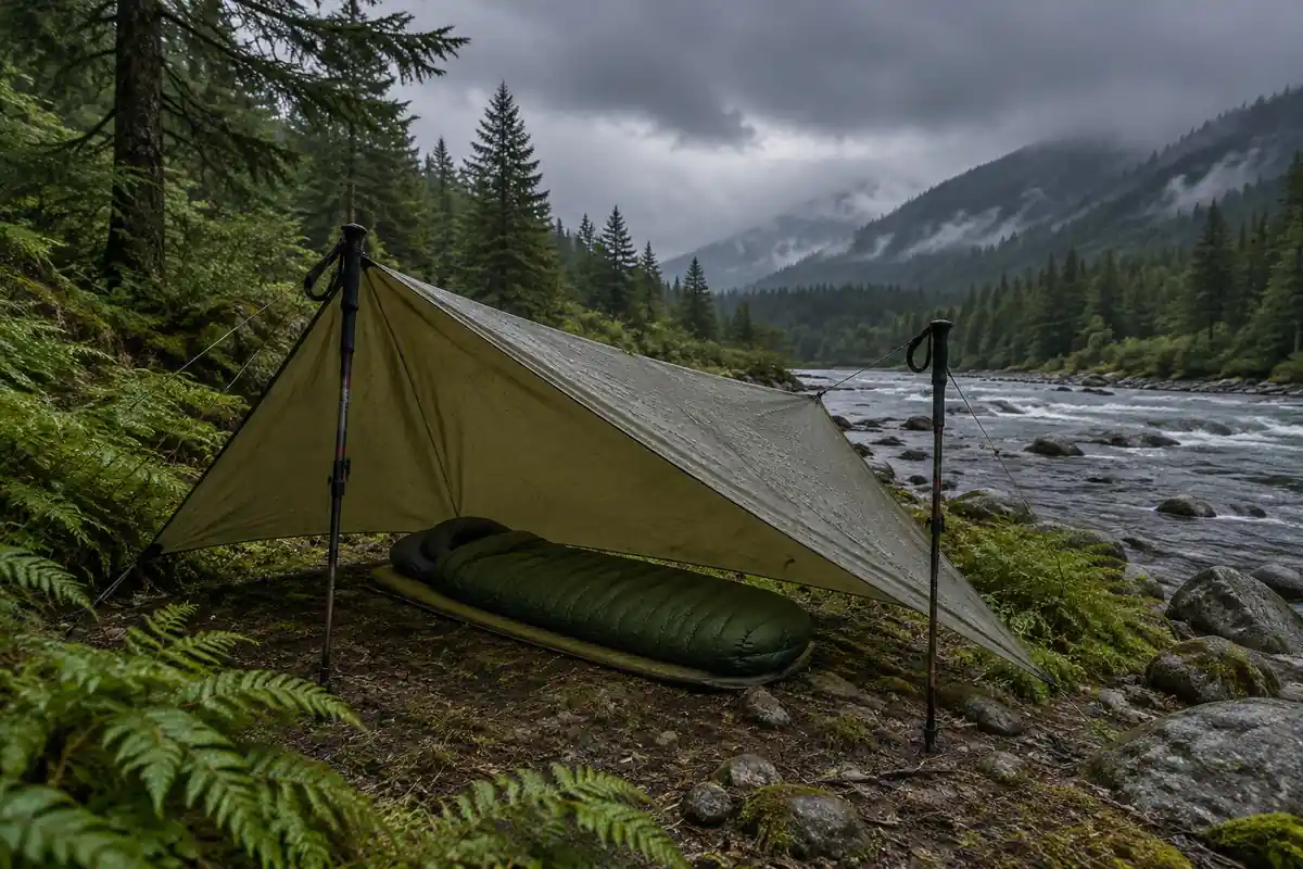 Tarp shelter pitched low beside a stream with trekking poles as supports