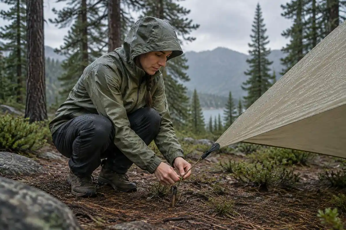 Camper tying a taut-line hitch to a peg in drizzle