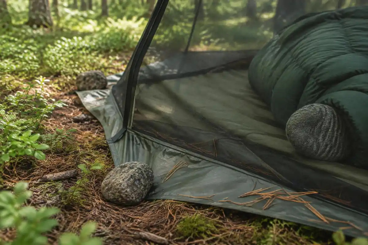 Bug bivy mesh and ground sheet corners with pine needles on top