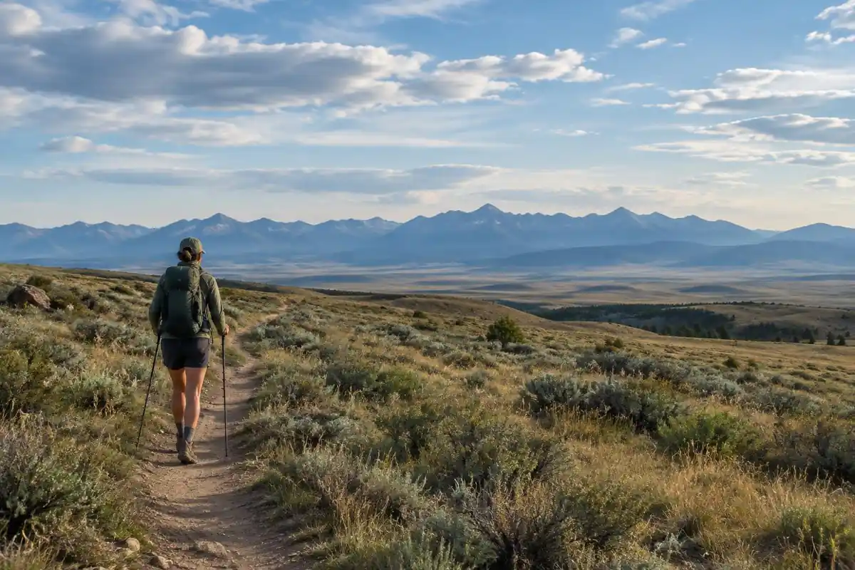 Thru-hiker walking a long ribbon of dusty trail across open plains