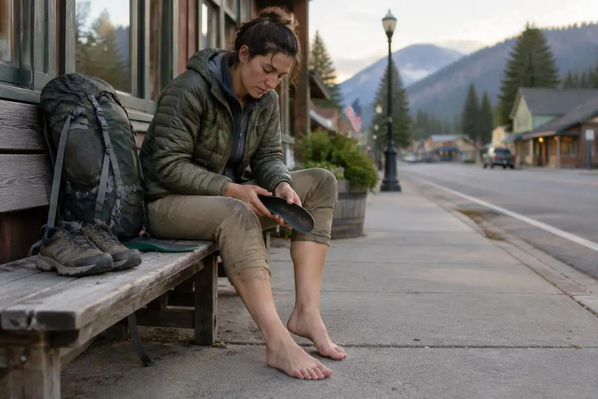 Hiker doing foot care on a roadside bench in a small trail town