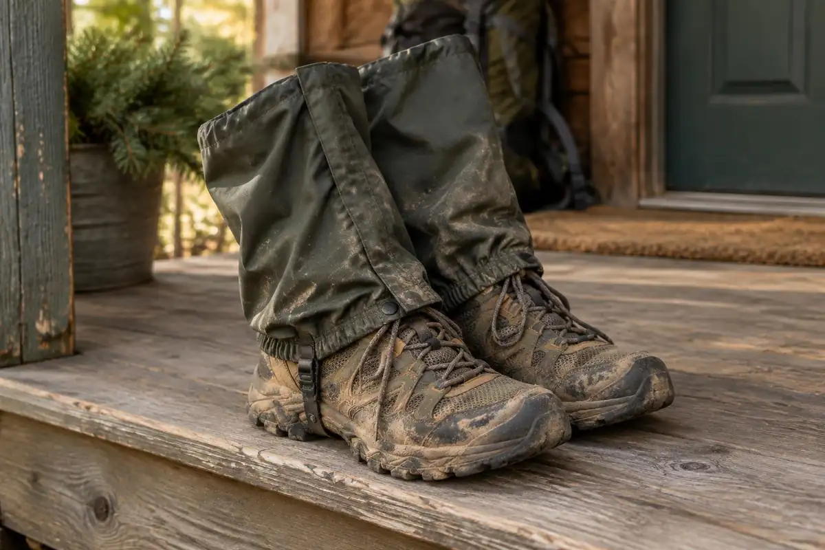 Worn trail shoes and dusty gaiters on a porch step