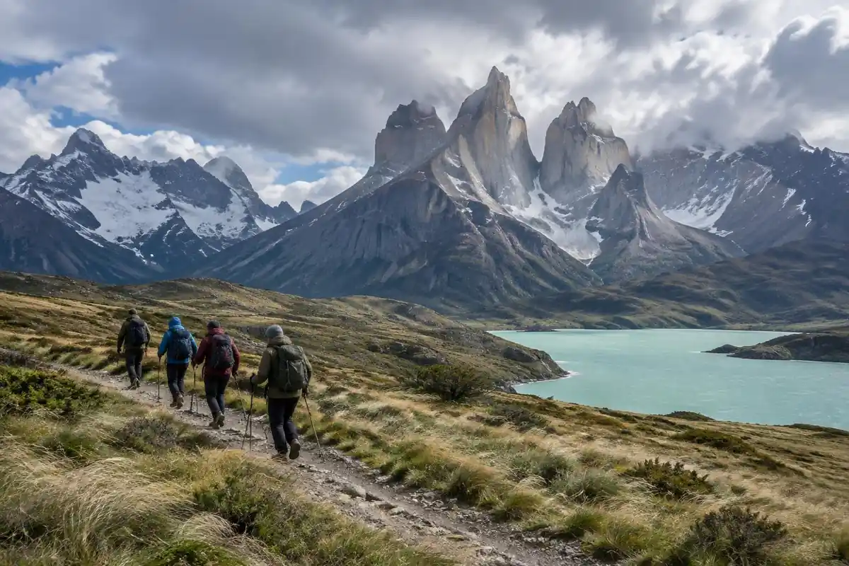 Wide valley trail beneath spiky granite towers with turquoise lake below