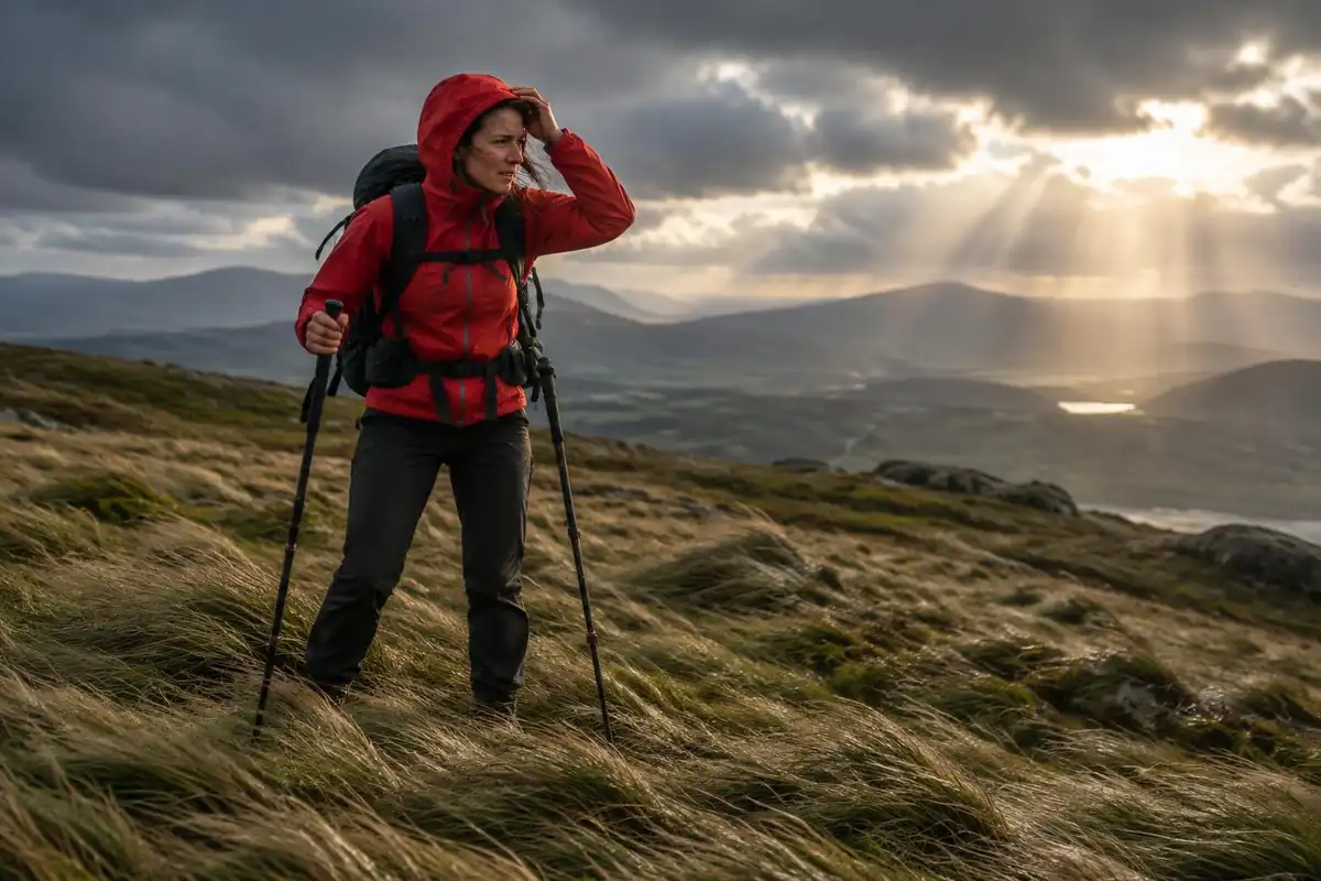 Trekker clutching a jacket hood in strong gale with poles on a grassy bluff