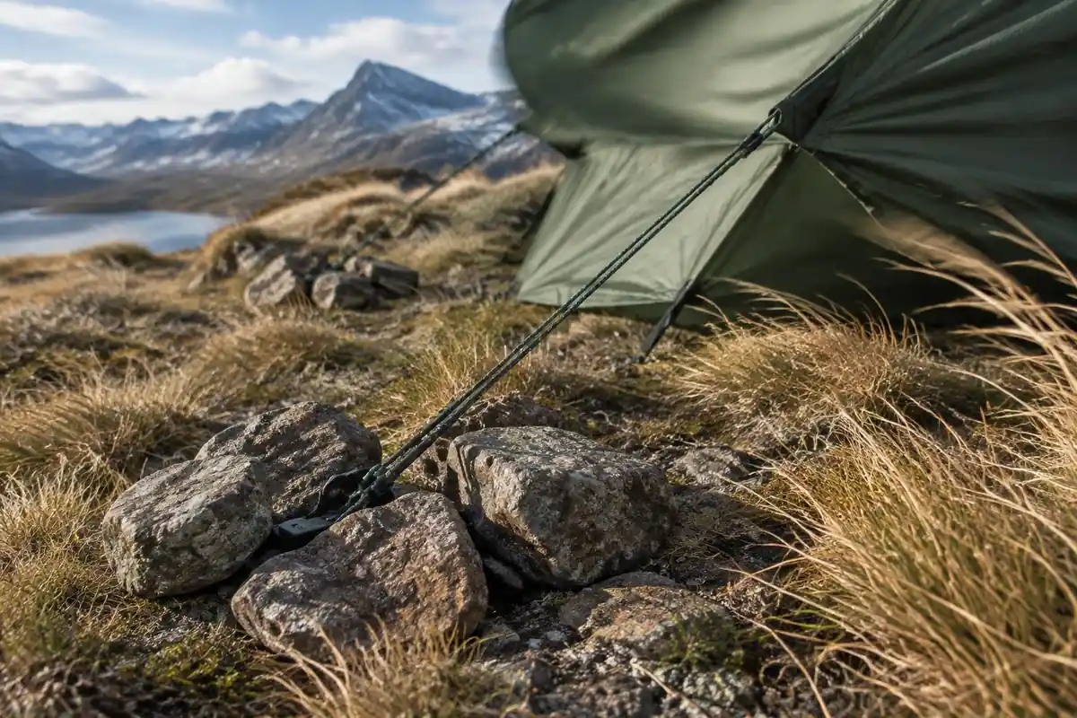 Tent stakes buried under rocks and guy lines pulled tight on a windy pitch
