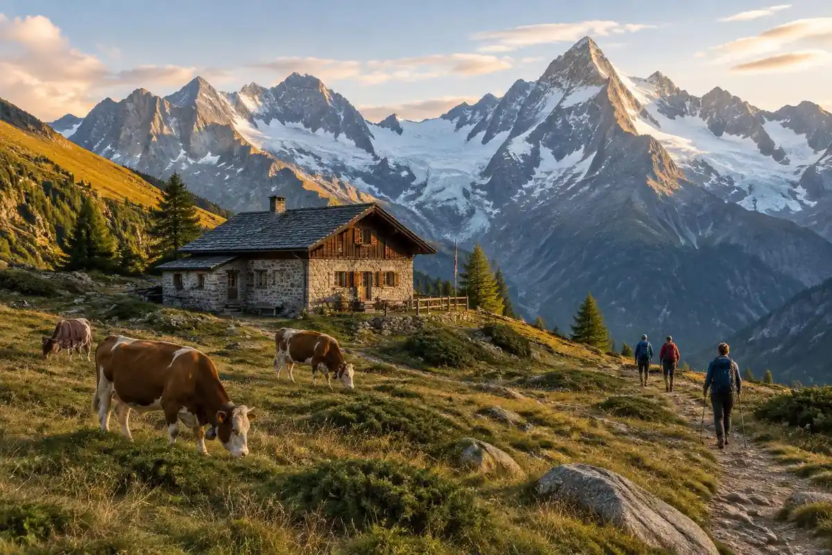 Alpine hut on a grassy col with glaciated peaks rising beyond in late light