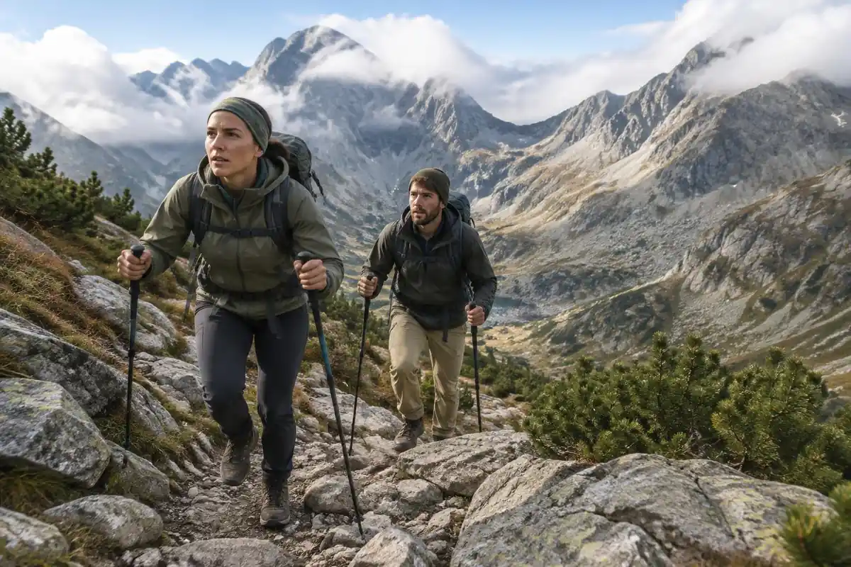 Walkers ascending a steep stony path toward a pass using trekking poles