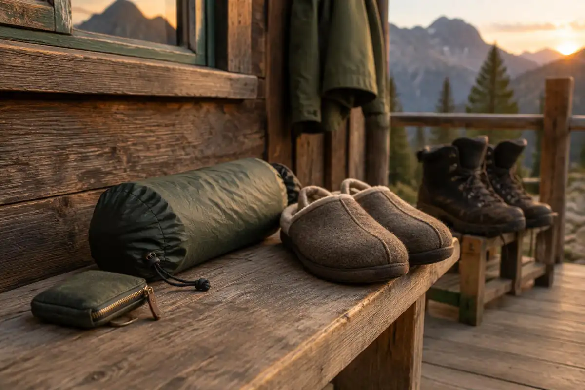 Coin purse, sleeping liner and hut slippers on a wooden bench outside a mountain hut