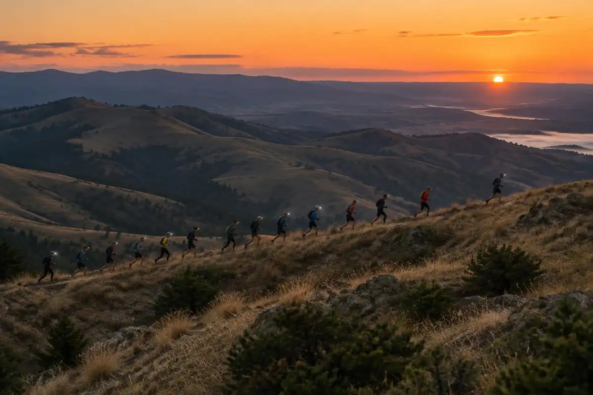 Long line of runners crossing a high ridge at dawn with headlamps still glowing