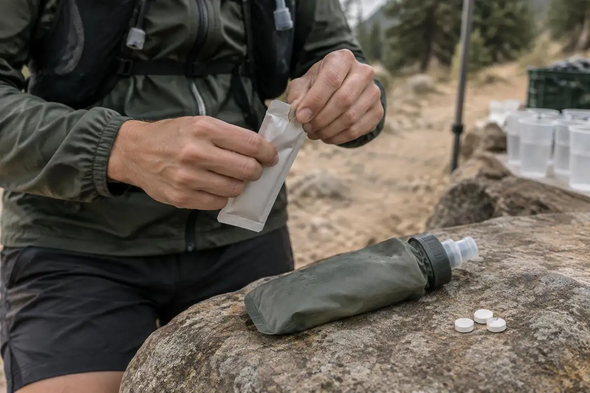 Hands opening an energy gel next to a soft flask and salt tablets on a rock