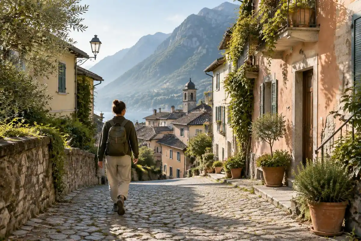 A traveller with a compact carry-on pack walks a cobbled old-town lane
