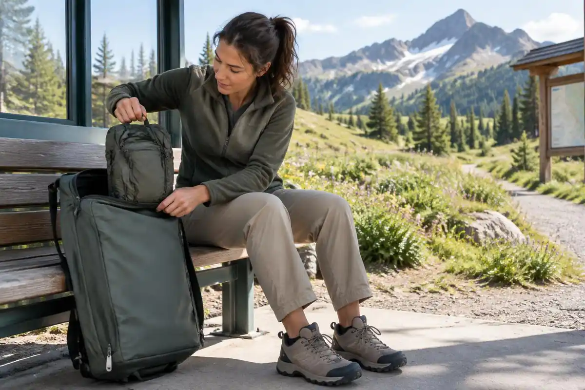 A traveller unfolds a small packable daypack at a mountain trailhead from the carry-on