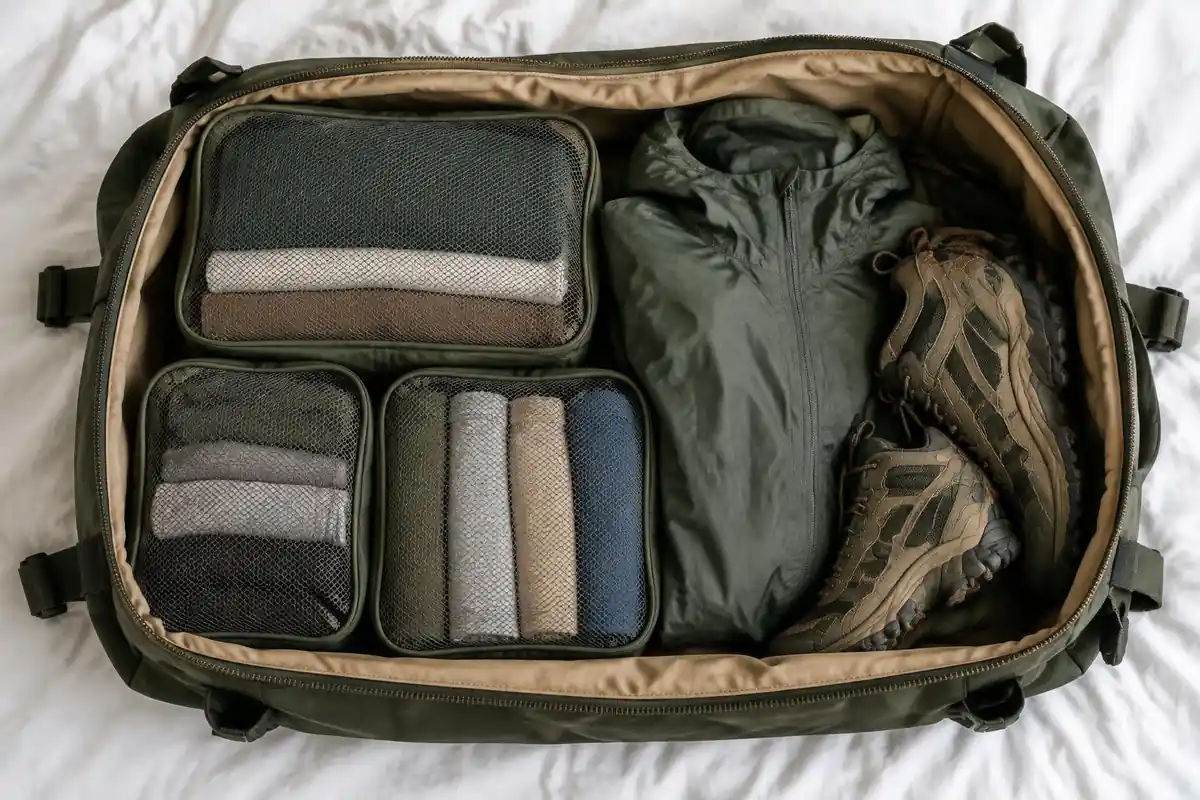 Open bag with neatly colored packing cubes and a rolled rain shell